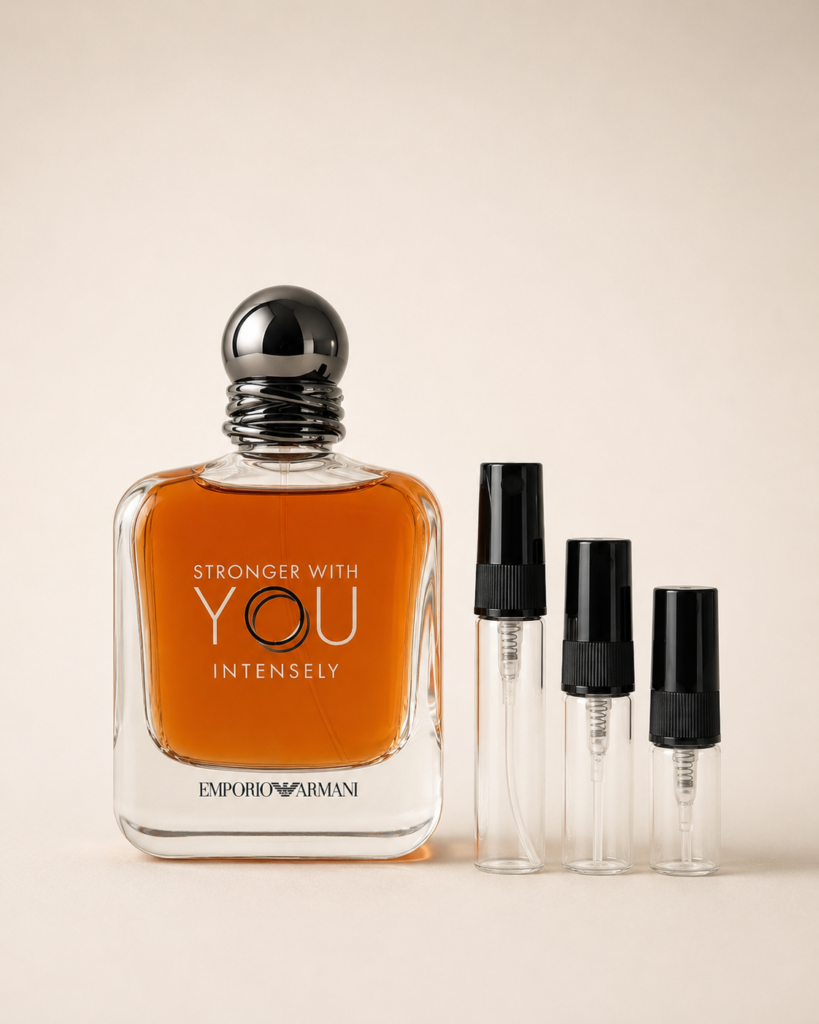 Emporio Armani Stronger With You Intensely -pullo ja 2, 3 ja 5 ml tuoksunäytteet