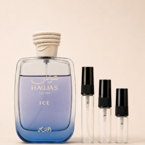 Rasasi Hawas Ice -pullo ja 2, 3 ja 5 ml tuoksunäytteet