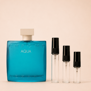 Azzaro Chrome Aqua -pullo ja 2, 3 ja 5 ml tuoksunäytteet